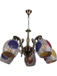 Small Antique 5 Light Chandelier With Mosaic Glass Shades Multicolour
