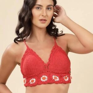 Velvery Women Self Design Shoulder Straps Cotton Crochet Top Red Size Xl
