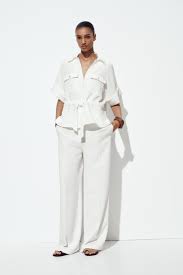 Zara Wide Leg Trousers With Elastic Waist For Women White Size S