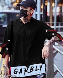 Garbly Typography Men Hooded Neck Black Tshirt Size Xl