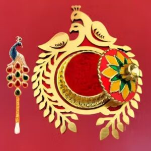 Fancy Sindoor Dabbi With Peacock Design Shape With Free Tilak Stick For Wedding