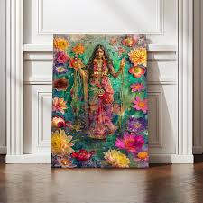 Art Street Green Indian Goddess Stretched Canvas Painting Size 33X22 Inch