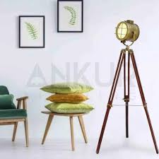 Wooden Spotlight Tripod Floor Lamp Adjustable Standing Lamp Brass Finish