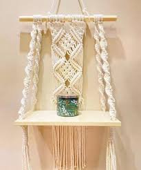 Zawi Macrame Wooden Wall Hanging Shelf Modern Chic Woven Macrame Off White Colour