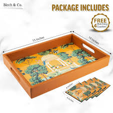 Birch And Co Wooden Tray With 4 Coasters 10X15 Inch