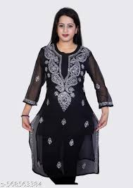 Black Color Georgette Mirror Embroidery Kurti For Women Size 36