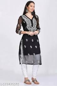 Black Color Georgette Mirror Embroidery Kurti For Women Size 36