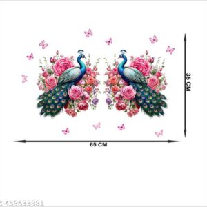White Color Pink Peacock Print Wall Sticker 16 X 32 Inch