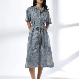 Siyahi Women Printed Shirt Dress With Waistband Blue And White Color Size Xl
