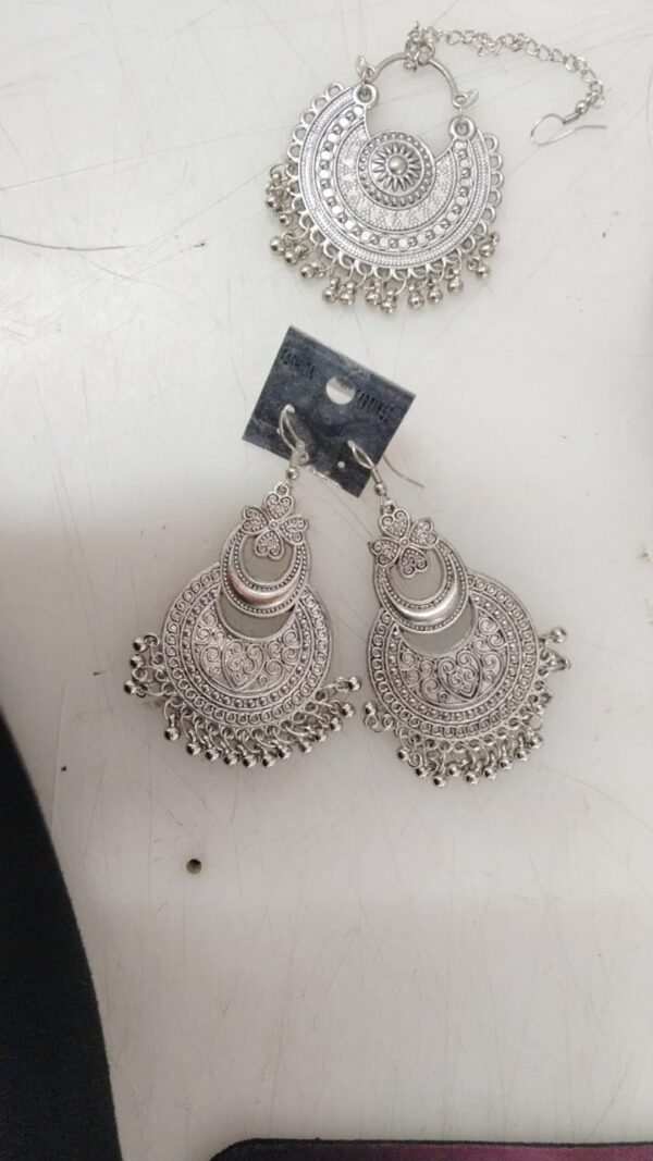 Alloy Silver Color Earrings With Tikka For Women