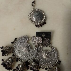 Silver Plated And Black Moti Earring And Tikka Set For Women