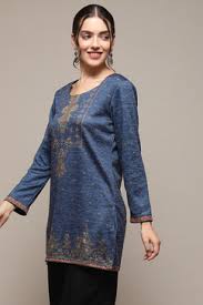 Biba Blue Color Printed Woolen Short Kurti For Women Size 36
