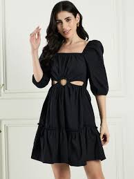 Drape And Dazzle Black Puff Sleeve Cotton Fit Flare Dress For Women Size M