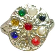 Silver Plated Style Navratan Adjustable Ring