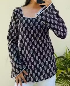 Black Floral Printed Short Kurti For Women Size S
