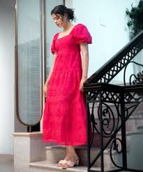 Veeralda Pink Balloon Sleeve Cotton Square Neck Tiered Maxi Dress For Women Size M