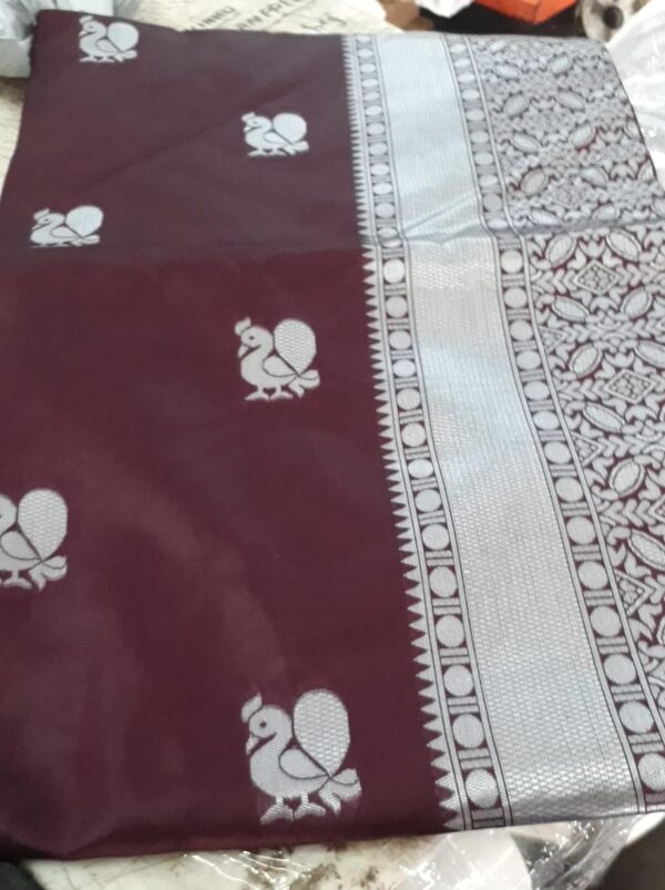 Lavish Banarasi Satin Silk Silver Saree With Rich Heavy Pallu Maroon Color