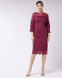 Miss Chase Women S Bodycon Round Neck 3 To 4Th Overlay Knee Dress Maroon Size Xl
