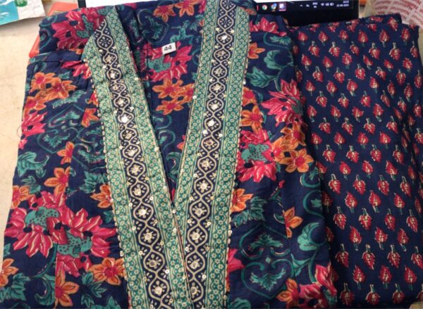 Womens Printed Pure Cotton Kurta With Pajama And Dupatta Set For Blue Size 44