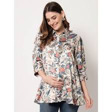 Angloinfo Beige Floral Printed Maternity Shirt For Women Size L
