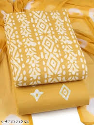 Yellow Cotton Floral Printed Unstitched Kurta Pant With Dupatta For Women 5Mtr