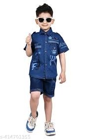 Blue Cotton Short And Shirt Set For Kids Size S