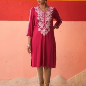 Lakshita Womens Paisley Embroidered Woollen Straight Kurta Rani Pink Size Xl