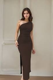 Newme Brown Colour One Shoulder Ruched Dress Size Xs