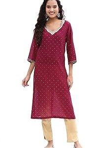 Biba Women Viscose Regular Fit Straight Festive Kurta Size 42 Red Colour