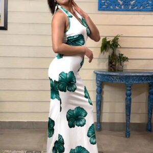 Tandul Women White Floral Print Halter Neck Bodycon Dress Size M