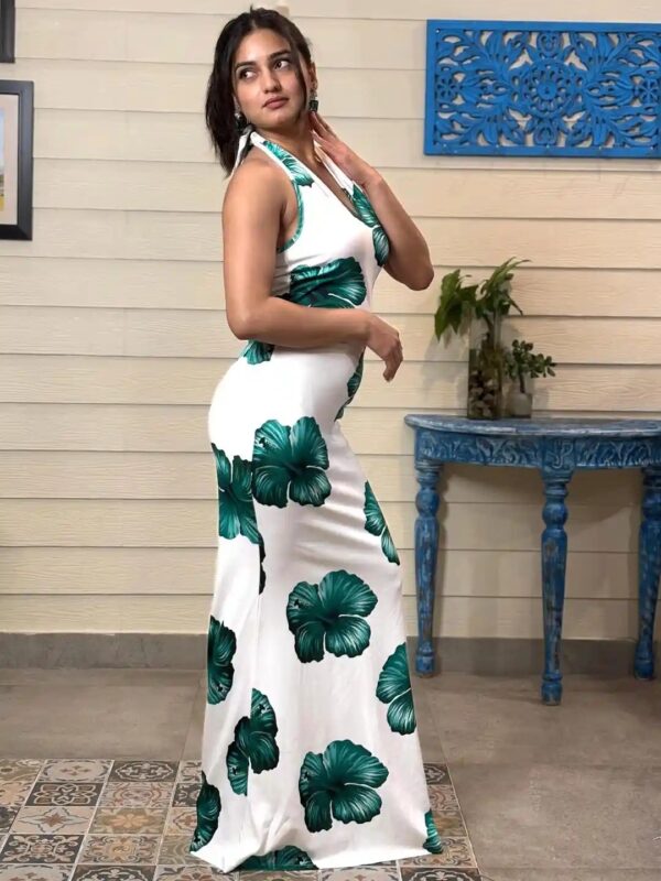 Tandul Women White Floral Print Halter Neck Bodycon Dress Size M