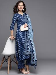 Libas Women Blue Printed Cotton Suit Set Size M