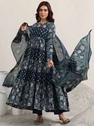 Libas Blue Printed Cotton Anarkali Suit With Dupatta Blue Size M