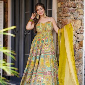 Women Anarkali Gown Multicolor Printed With Dupatta Size M