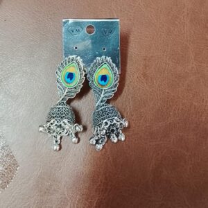 Silver Peacock Feather Jhumka Earrings For Women With Bells