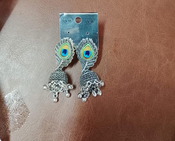 Silver Peacock Feather Jhumka Earrings For Women With Bells
