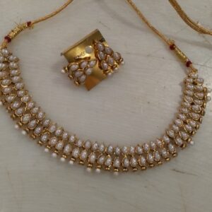 Gold Plated Fancy White And Gold Pearls Necklace Set For Women