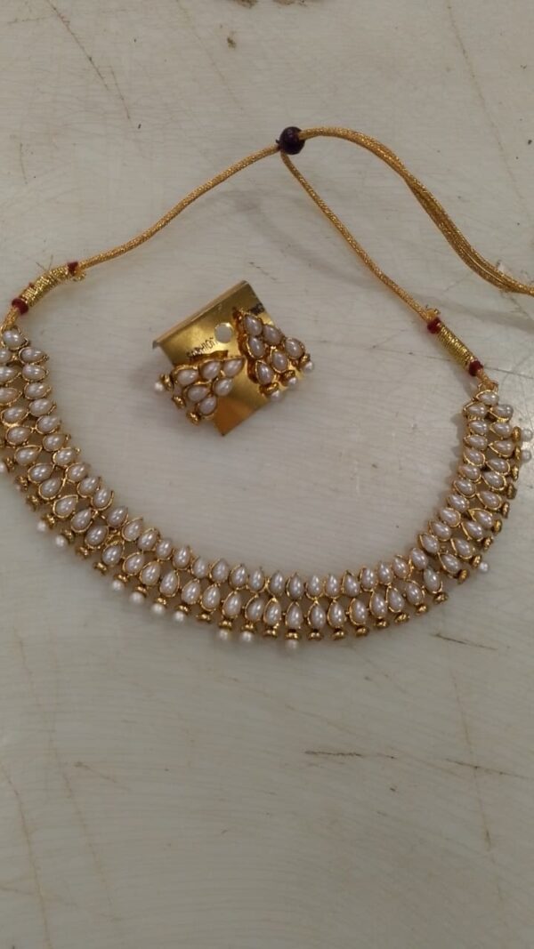 Gold Plated Fancy White And Gold Pearls Necklace Set For Women