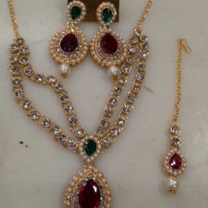 Gold Plated Fancy Red And Gold Pearls Necklace Set For Women