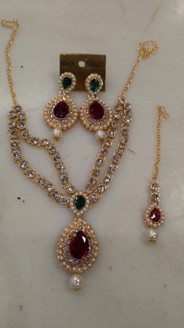 Gold Plated Fancy Red And Gold Pearls Necklace Set For Women