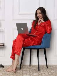 Slumber Jill Red Color Regular Fit Top And Pajama Set For Women Size L