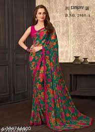 Green Georgette Floral Printed Violet Saree With Blouse For Women
