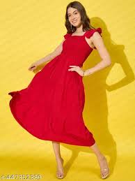 Stylish Mocked Frilled Midi Dress For Women Red Size L