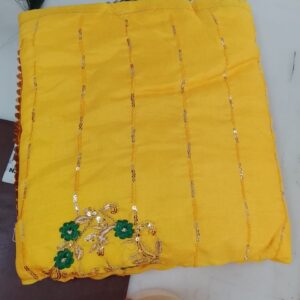 Yellow Saree With Green And Gold Embroidery