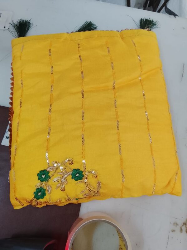 Yellow Saree With Green And Gold Embroidery