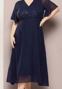 Qurani Flared Sleeves Sequined Georgette A Line Midi Dress Size Xl Navy Blue