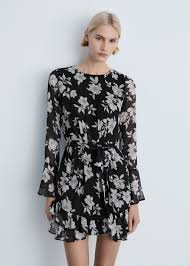 Mango Ruffled Floral Print Dress Black And White Size M