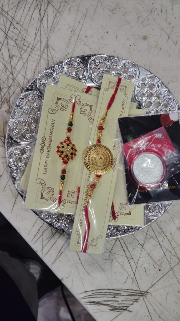 Fancy Rakhi Multicolour Pack Of 5 With Pooja Thali