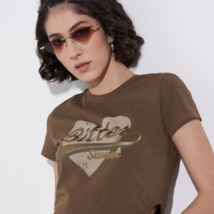 Sf Jeans Brown Printed Casual Half Sleeves Round Neck Women Slim Fit Top Size S