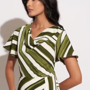 Annabelle Olive Printed Formal Half Sleeves Cowl Neck Women Regular Fit Top Size Xs